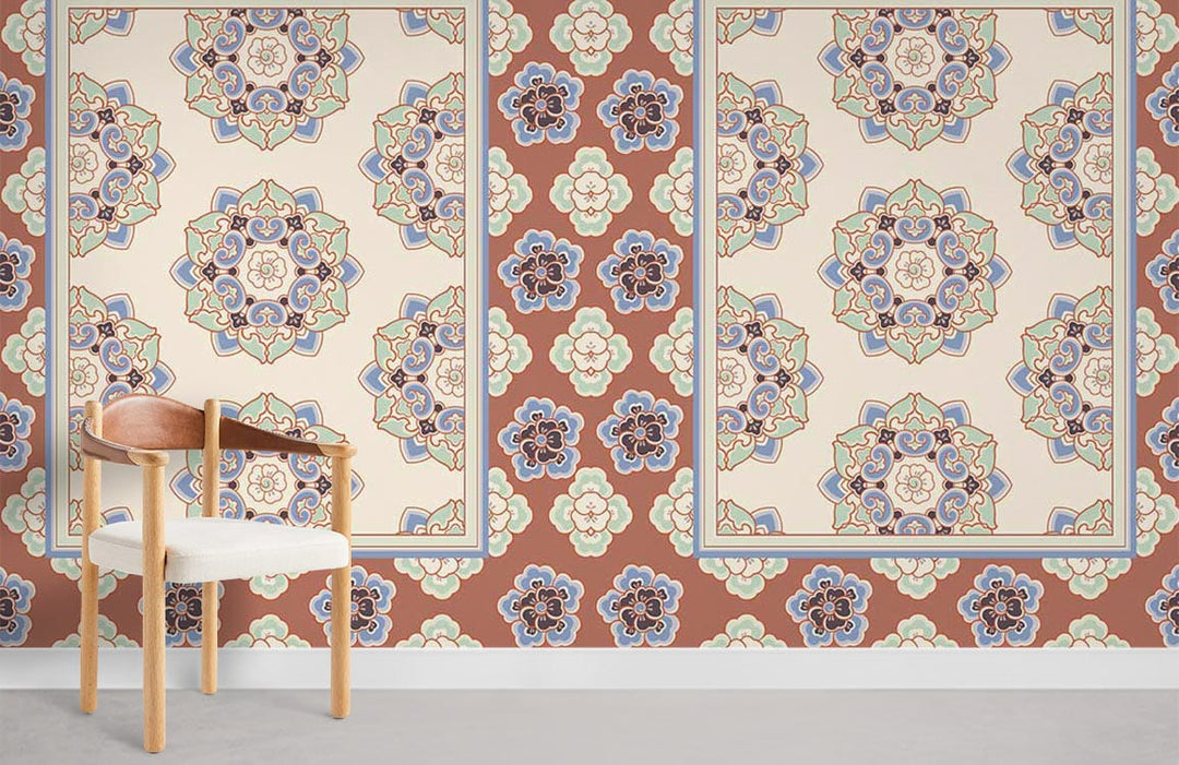 Vintage mandala motif wallpaper in earthy tones, natural wood chair, classic interior, grey flooring.