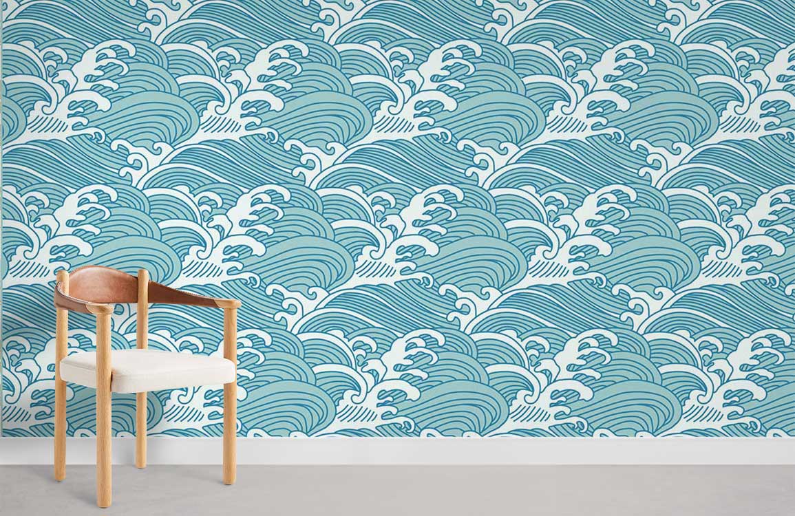 Teal Art Deco patterned wallpaper with ocean waves, wooden chair, grey flooring in modern living space.