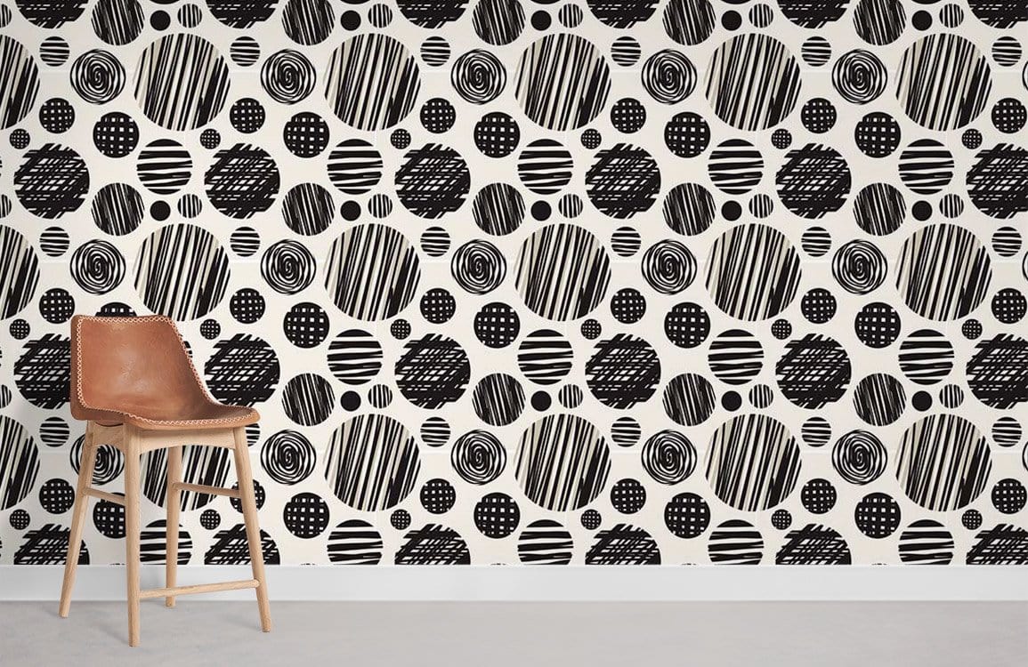 Monochrome geometric circle wallpaper, contemporary interiors, leather chair, minimalist aesthetic, modern white floor.