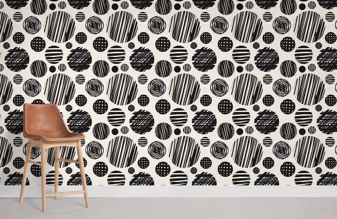 Monochrome geometric circle wallpaper, contemporary interiors, leather chair, minimalist aesthetic, modern white floor.