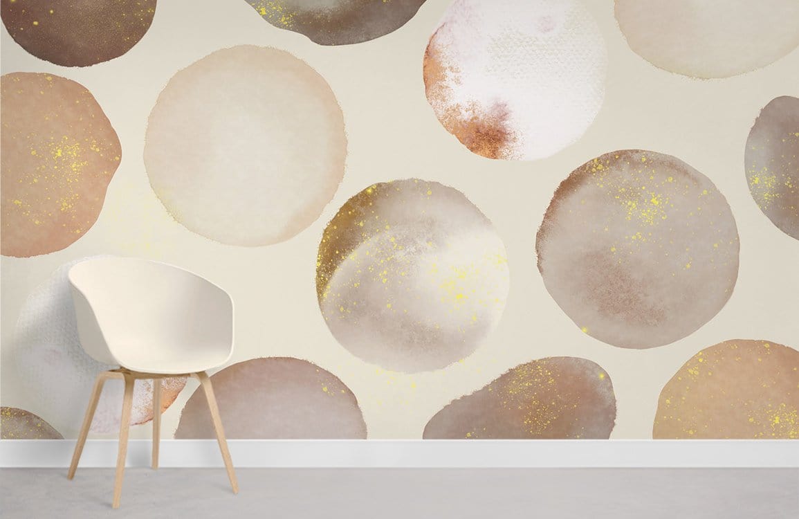 Elegant watercolour circles wallpaper with neutral tones, featuring modern chair and grey flooring in room.