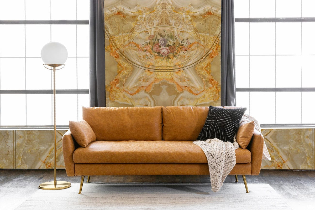 Elegant marble mural wallpaper in living room, tan sofa, wooden flooring, modern floor lamp.
