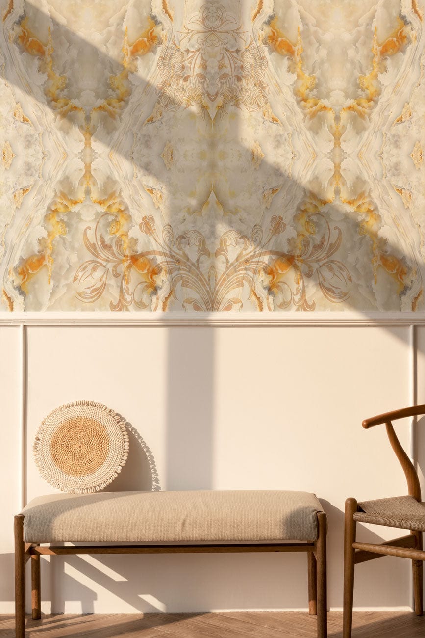 Elegant wallpaper with golden highlights, ornate patterns, beige bench, wooden chair, in cosy room.
