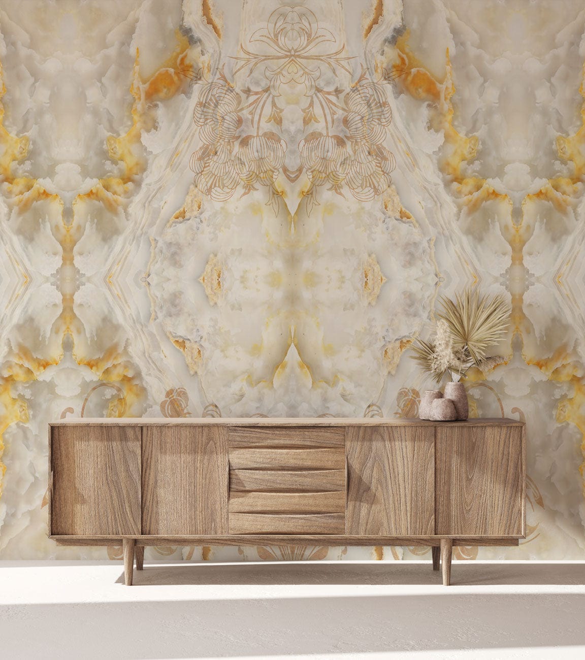 Elegant marble effect wallpaper with gold, ornate pattern; mid-century sideboard; neutral flooring.