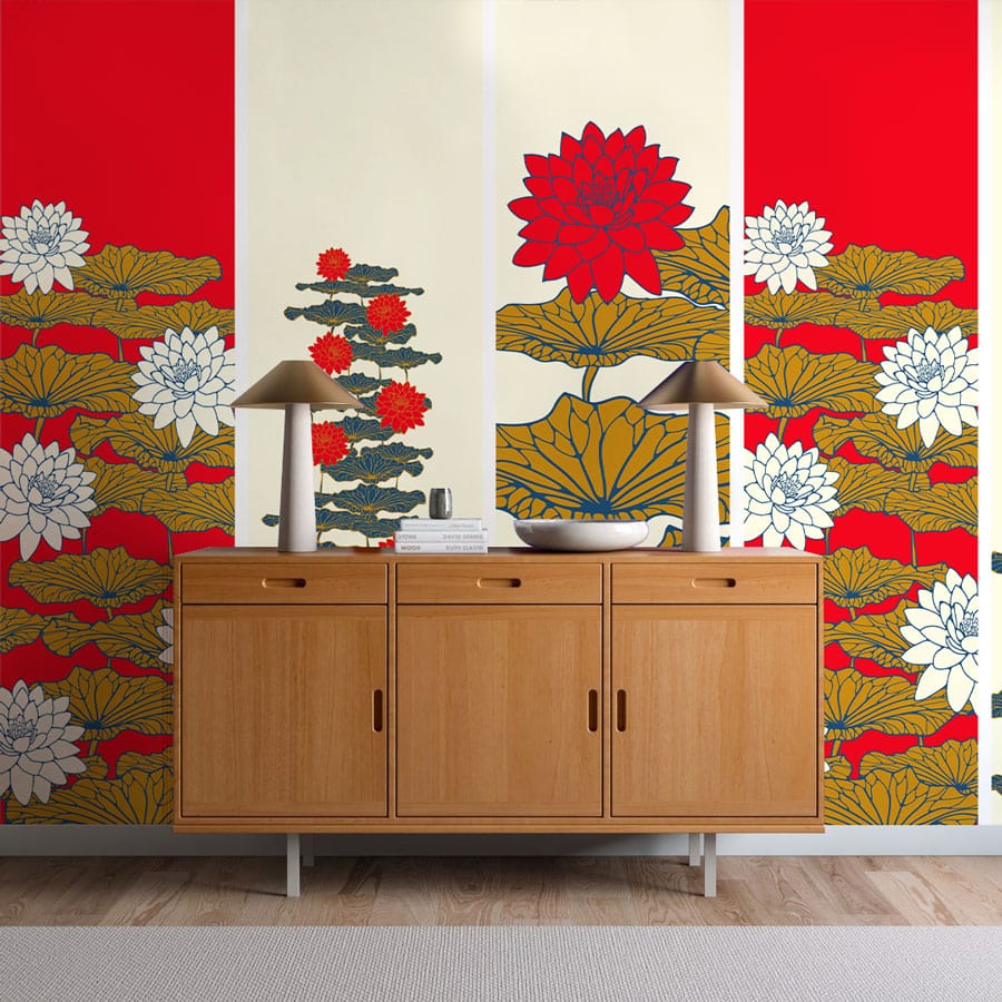 Red and Gold Floral Bloom Wallpaper Mural in a modern room with wooden sideboard and lamps.