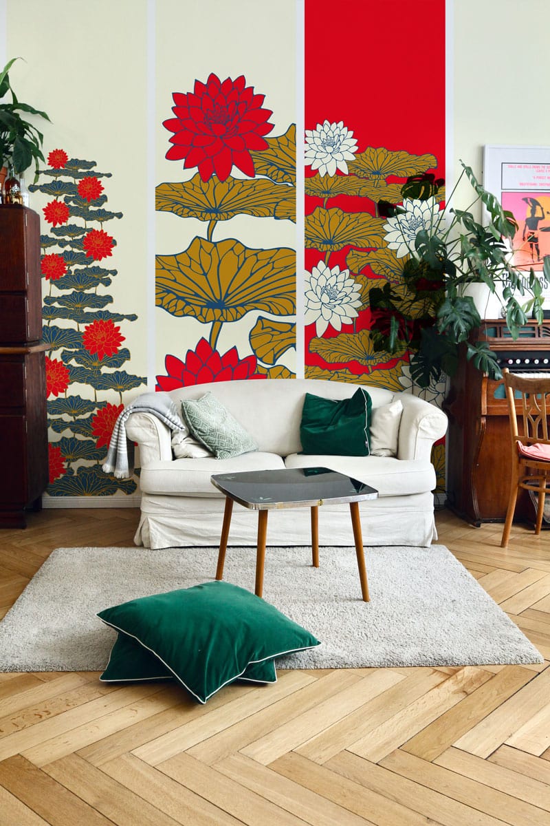 Red and Gold Floral Oriental Wallpaper, cream sofa, parquet flooring, lush plant decor, cosy living room.
