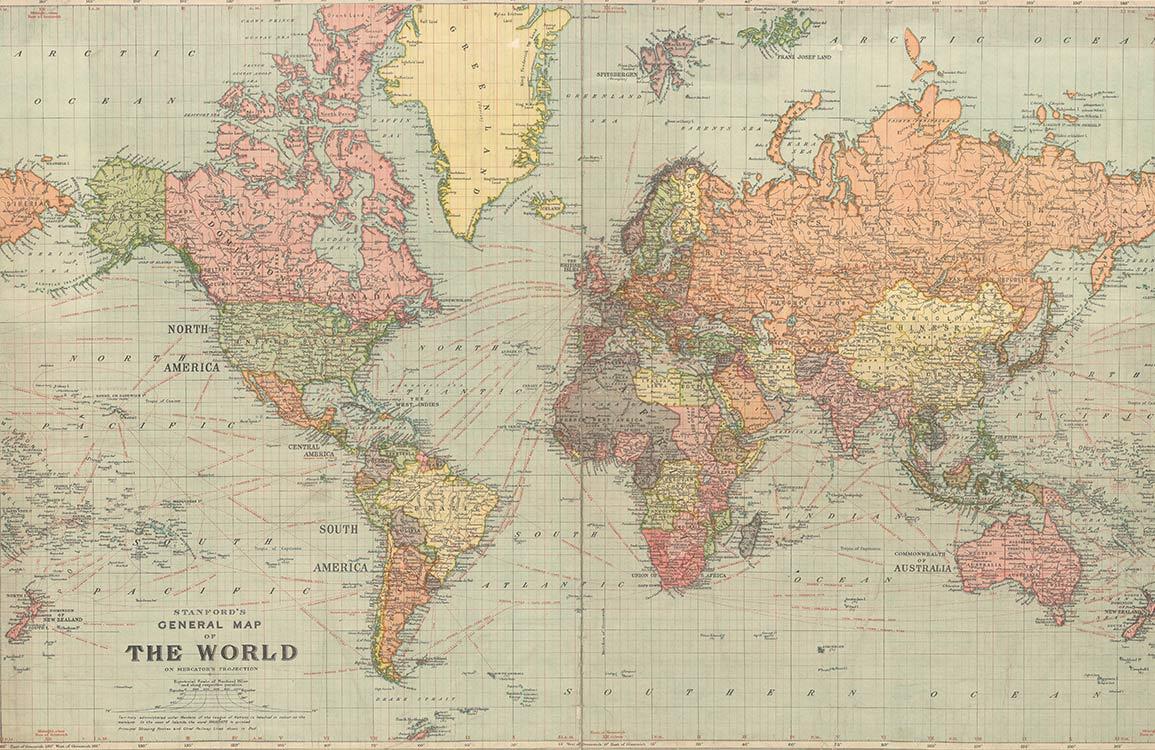 Vintage World Map Mural Wallpaper - Antique Earth Tones Travel Decor