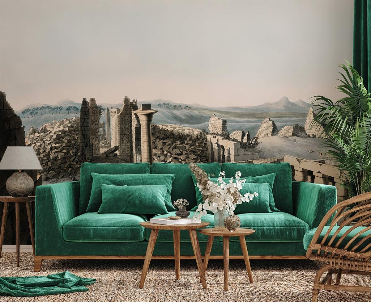 Emerald green sofa, Ancient Ruins Mural Wallpaper with vintage desert, neutral tones, cosy living room.