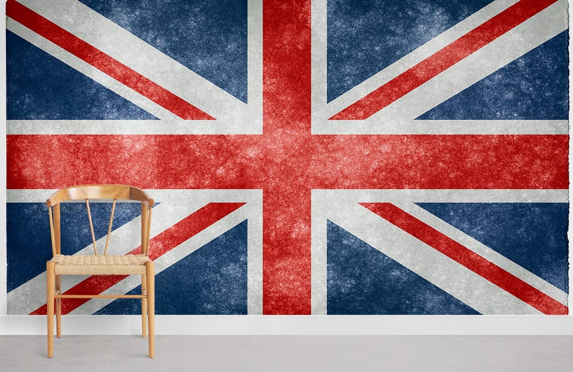Vintage Union Jack mural wallpaper with wooden chair on light floor in contemporary room.