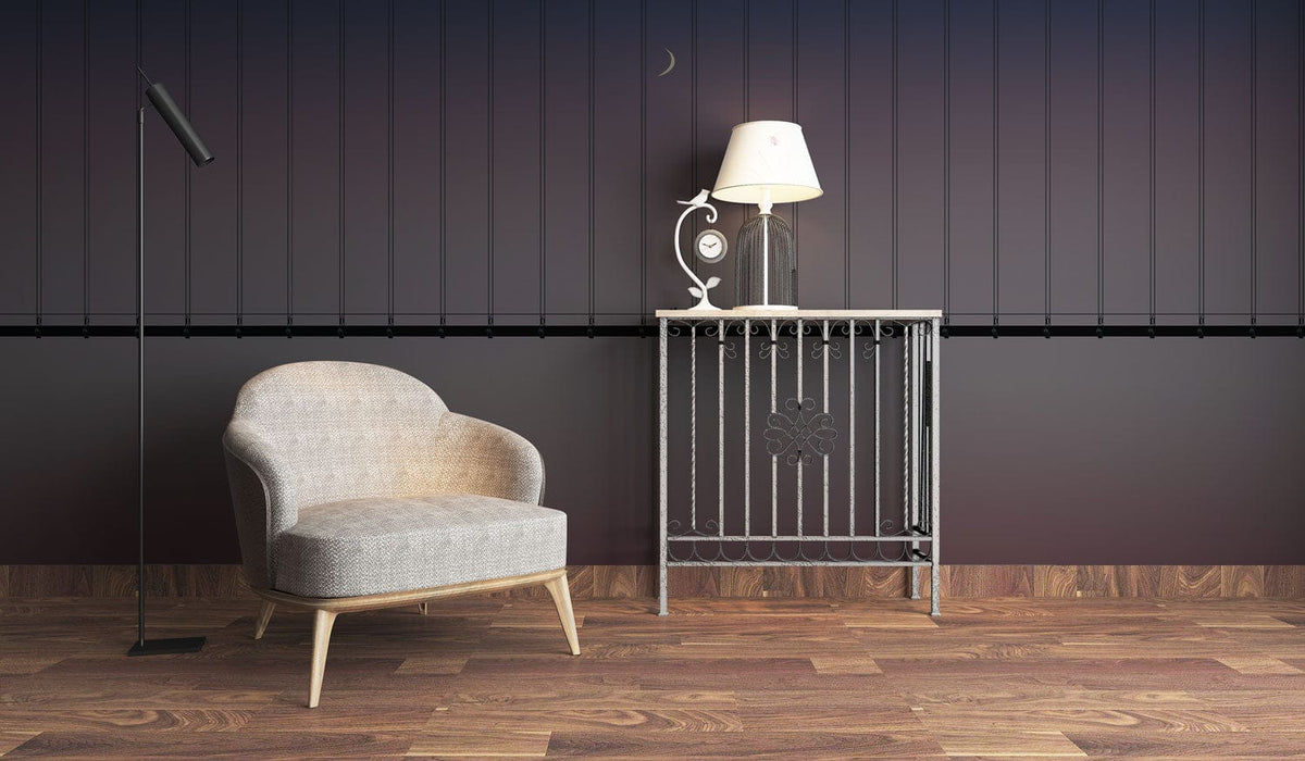 Grey armchair, wooden flooring, and elegant bridge mural wallpaper create serene ambience in living room.