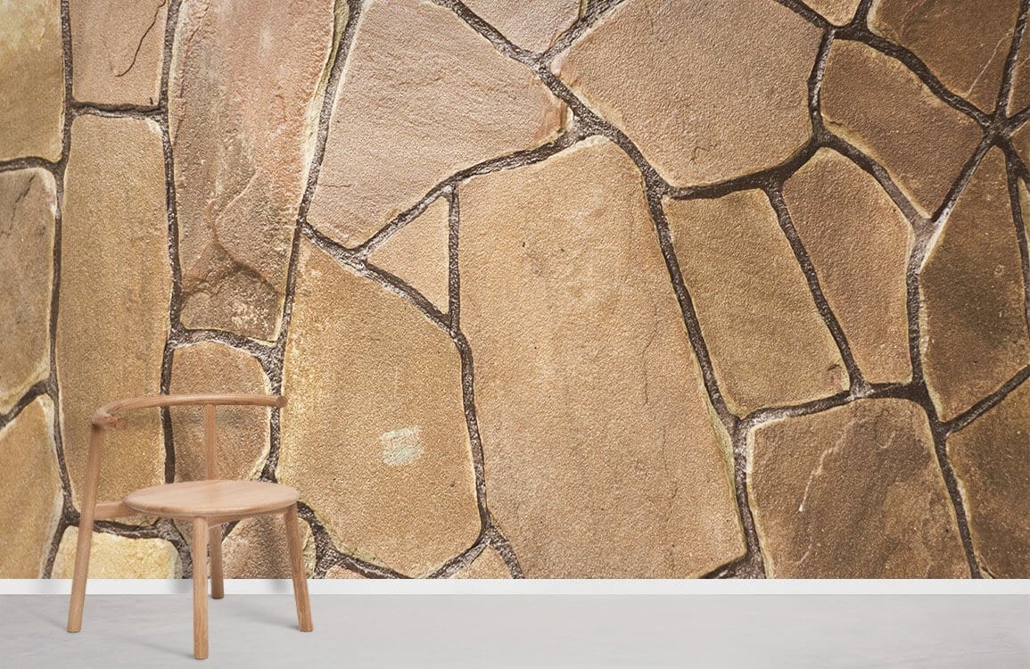 Rustic Stone Effect Wallpaper in earthy tones, featuring wooden chair on grey flooring.