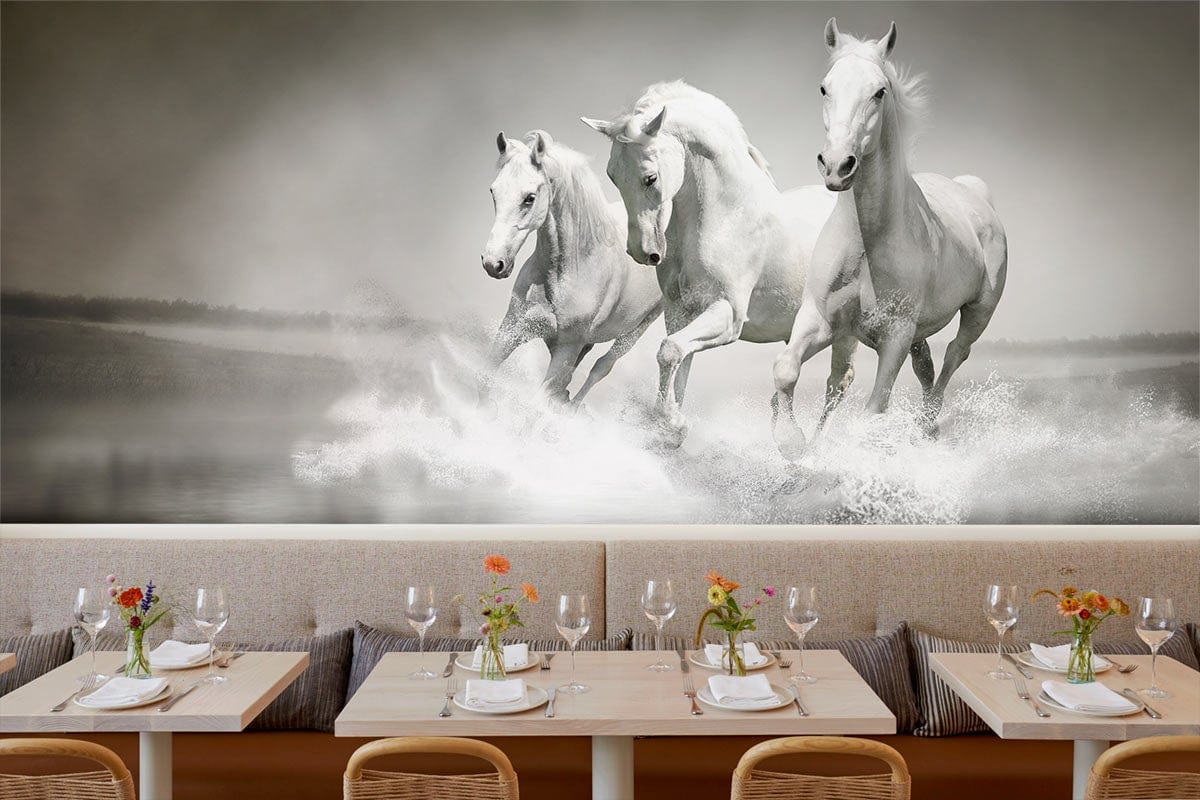 Graceful White Horses Murals: Elegant wallpaper in dining area with wooden chairs, beige benches, wall art.