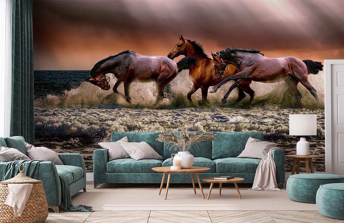 Majestic Horses in Surf Mural Wallpaper in living room with teal sofas, light flooring, coastal decor.