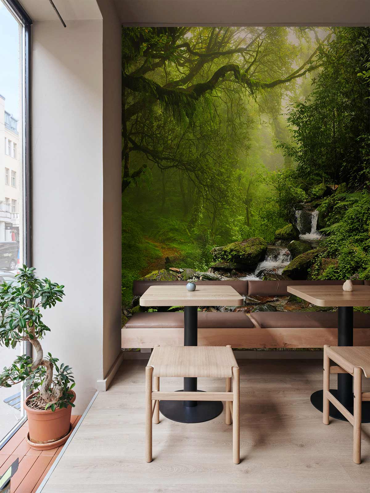 Enchanting Forest Stream Mural Wallpaper in cafe setting with wooden tables and chairs, light flooring.
