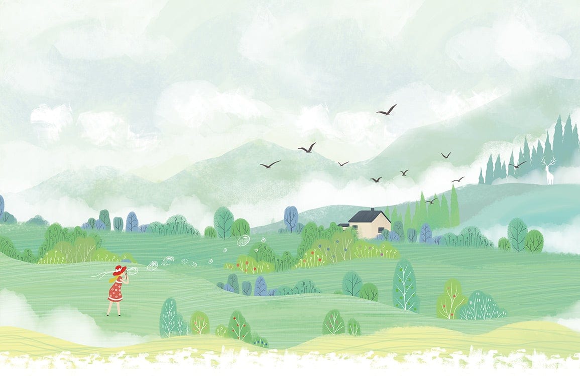 Whimsical Countryside Landscape Pastel Mural Wallpaper with Soft Green Hues