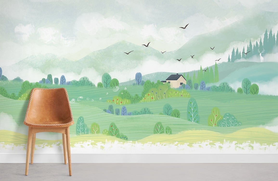 Whimsical Countryside Landscape Pastel Mural Wallpaper with Soft Green Hues