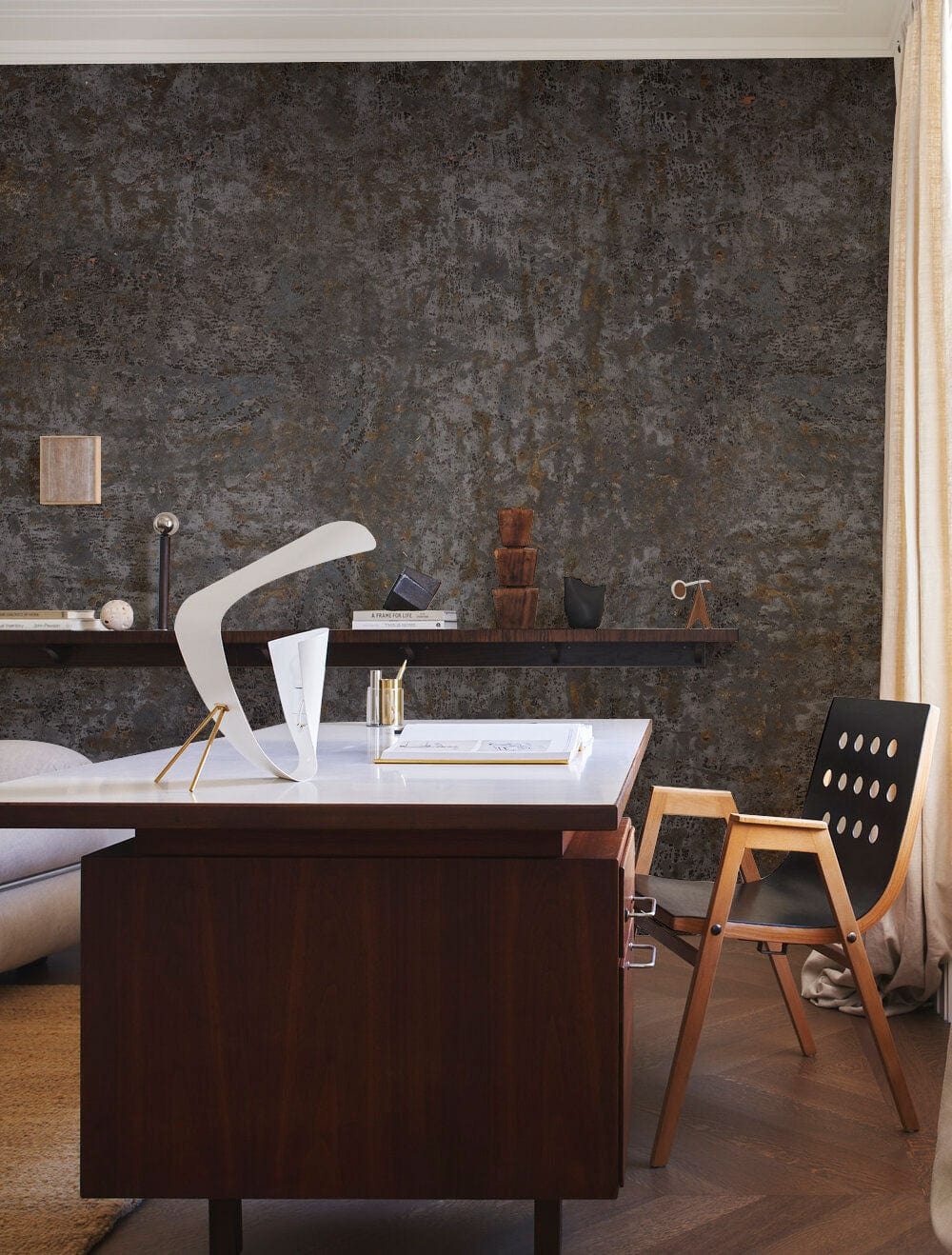 Rustic Industrial Charcoal Textured Mural Wallpaper, contemporary study with dark wood desk and chair.