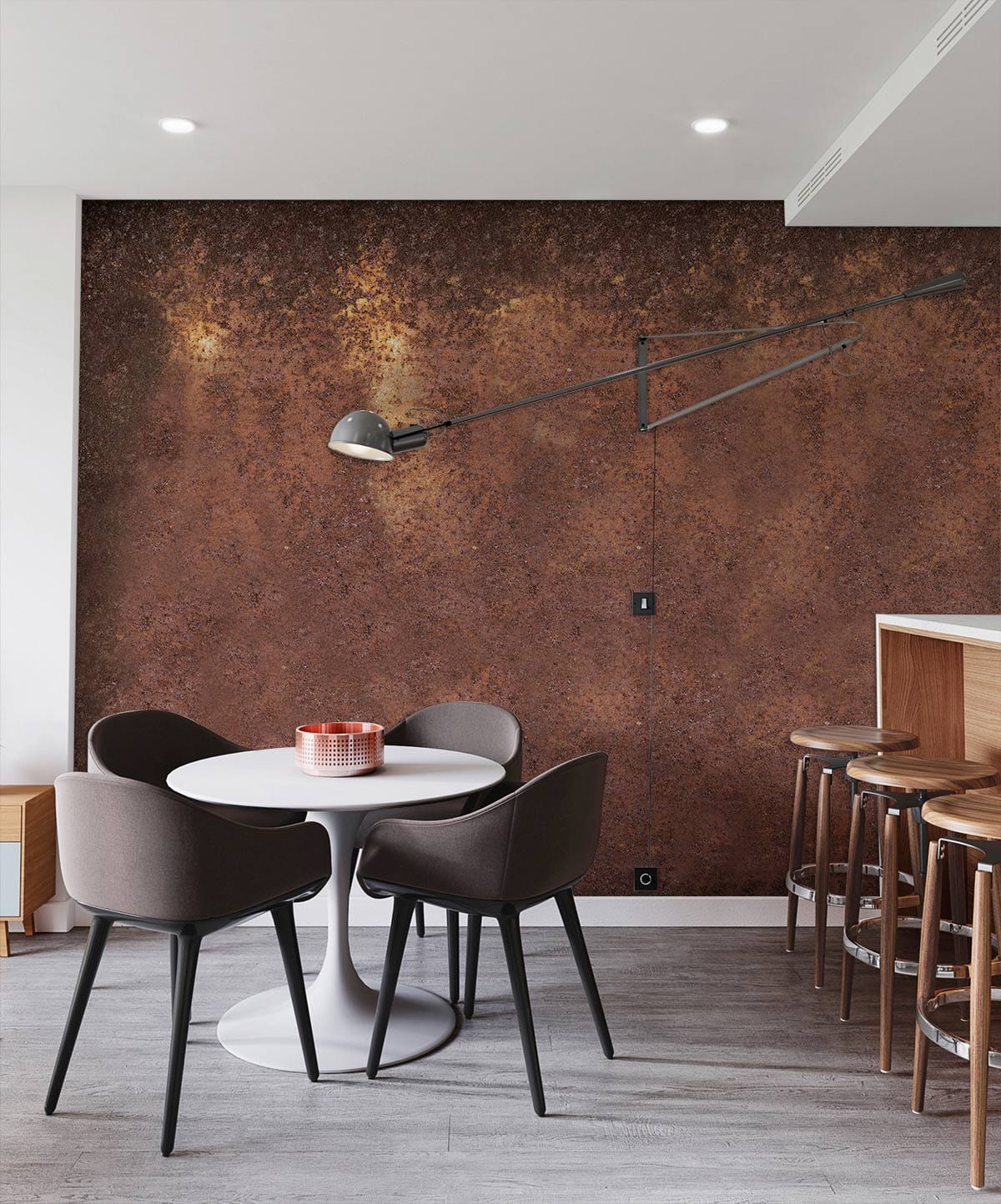 Vintage Rustic Brown Industrial Mural Wallpaper in dining room with grey chairs, round table, wood flooring.
