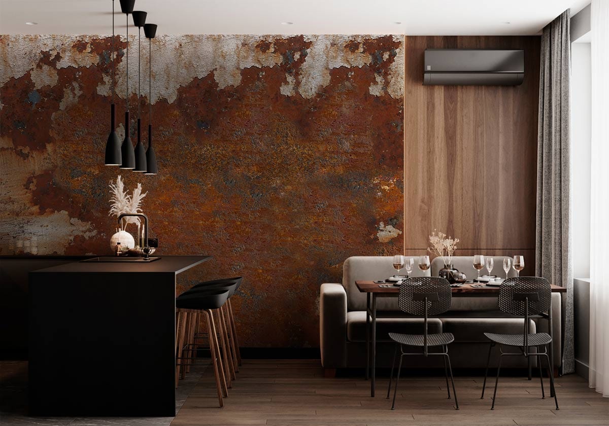 Vintage rust-effect wallpaper with dark wooden flooring, grey sofa, and modern black dining set.