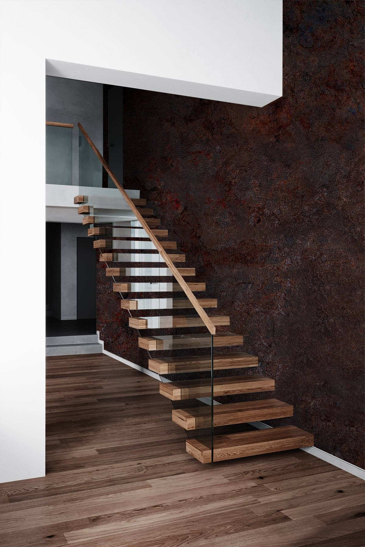 Rustic industrial stone effect wallpaper in modern stairway with wooden steps and glass railing.