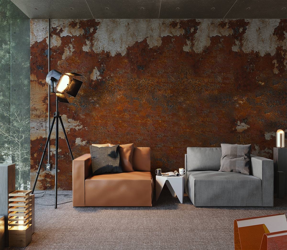 Vintage rust effect wallpaper with modern sofas, industrial floor lamp, grey carpet, and urban decor.