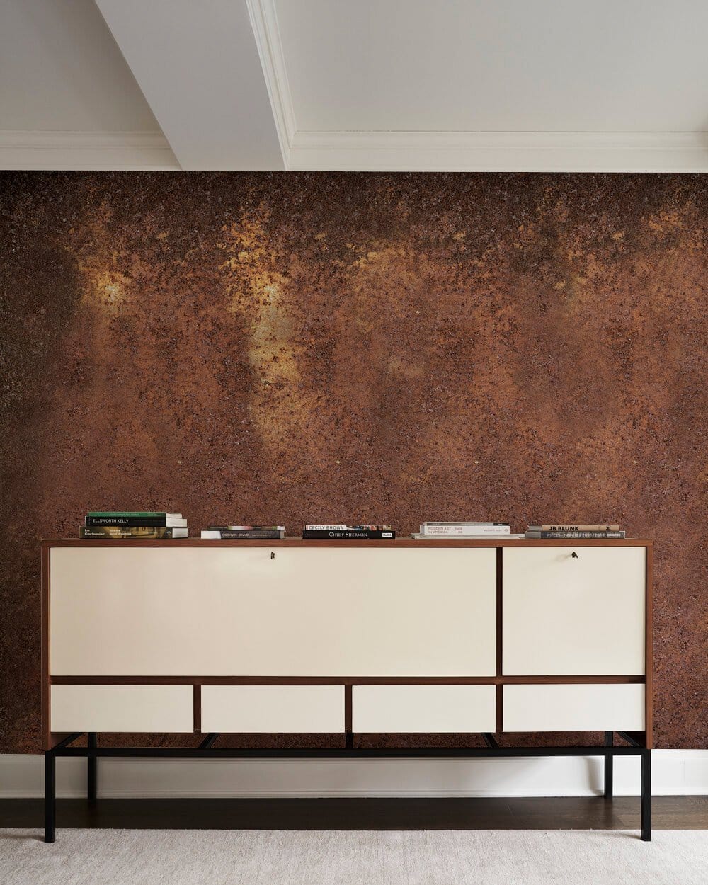 Vintage Rustic Brown Textured Industrial Mural Wallpaper, beige sideboard, grey carpet, stylish room Décor.