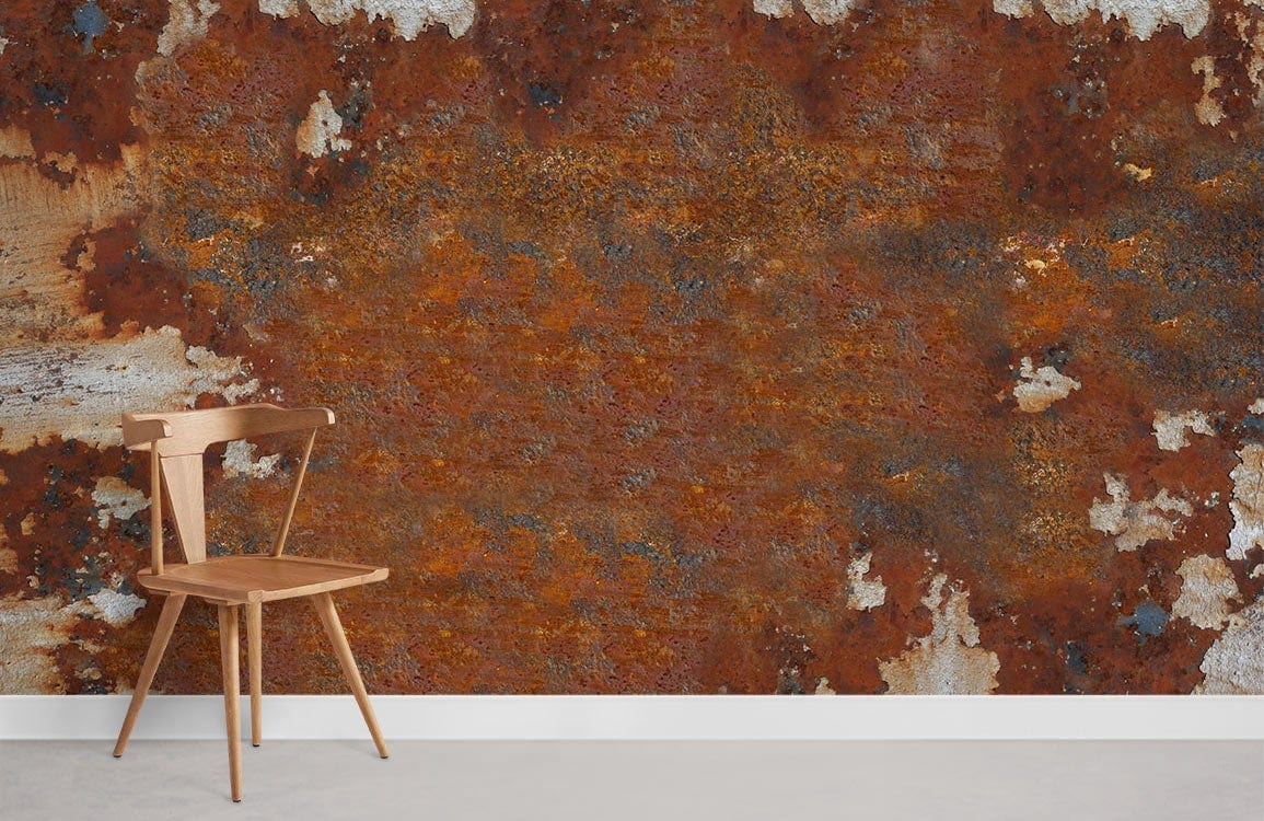 Vintage rust effect wallpaper with industrial styling, wooden chair, concrete flooring, urban decor.