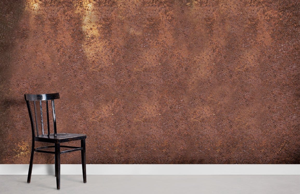 Vintage rustic brown industrial mural wallpaper with black chair, concrete flooring for timeless elegance.