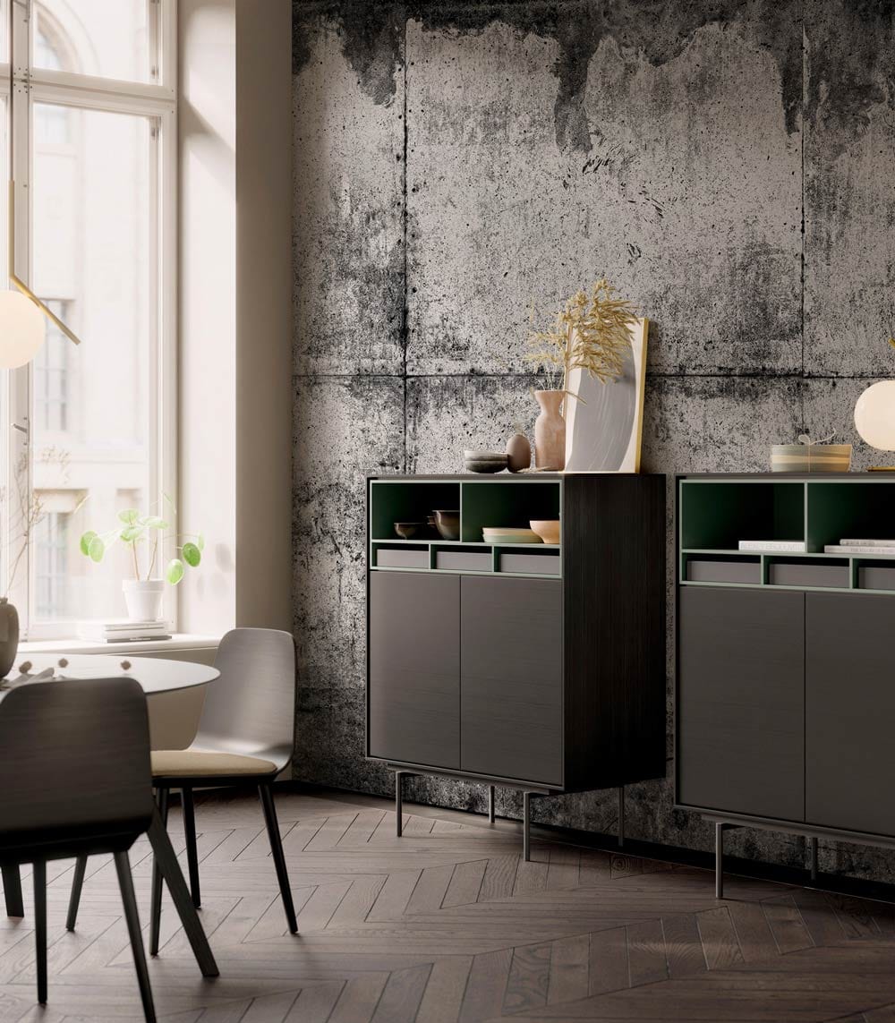 Industrial Concrete Grey Grunge Textured Mural Wallpaper in modern dining room with wooden flooring.