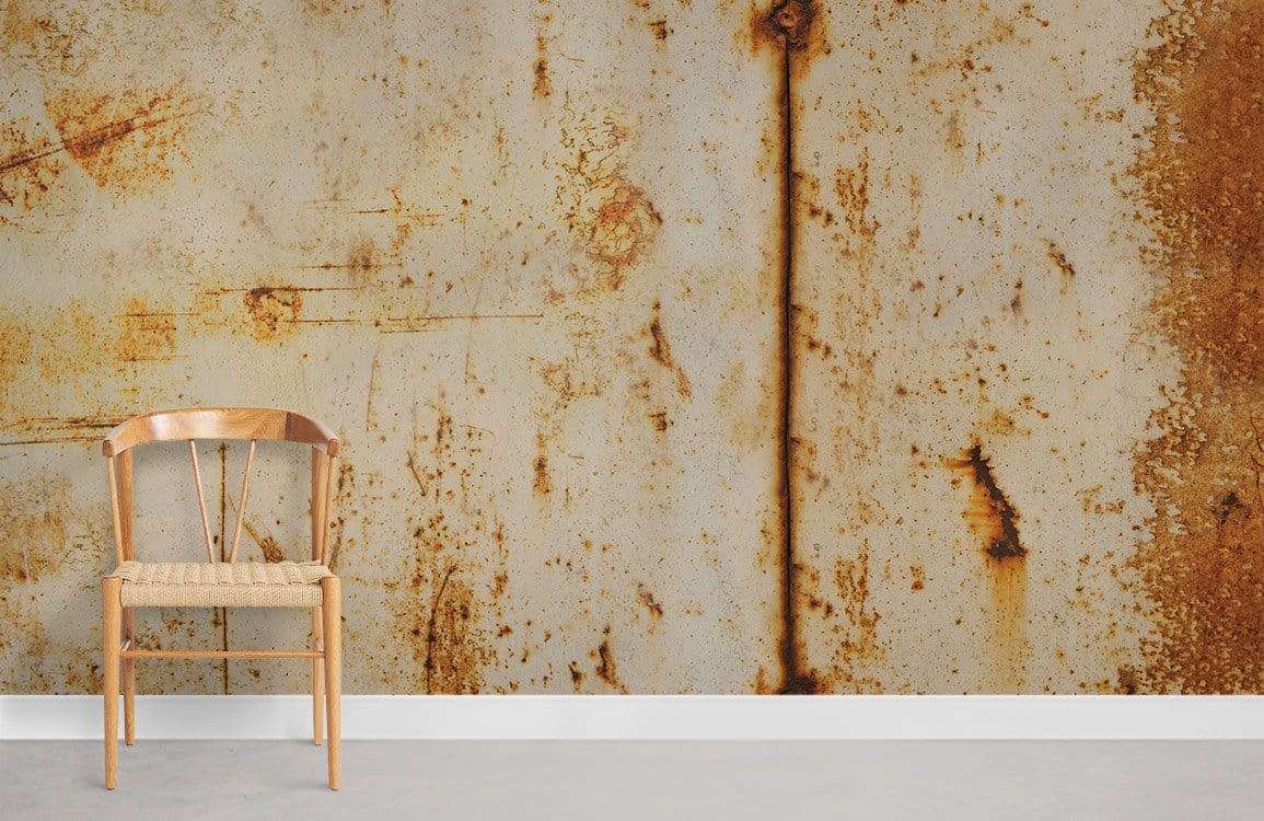 Vintage rust wall mural with earthy tones, industrial aesthetic, wooden chair, and grey flooring.