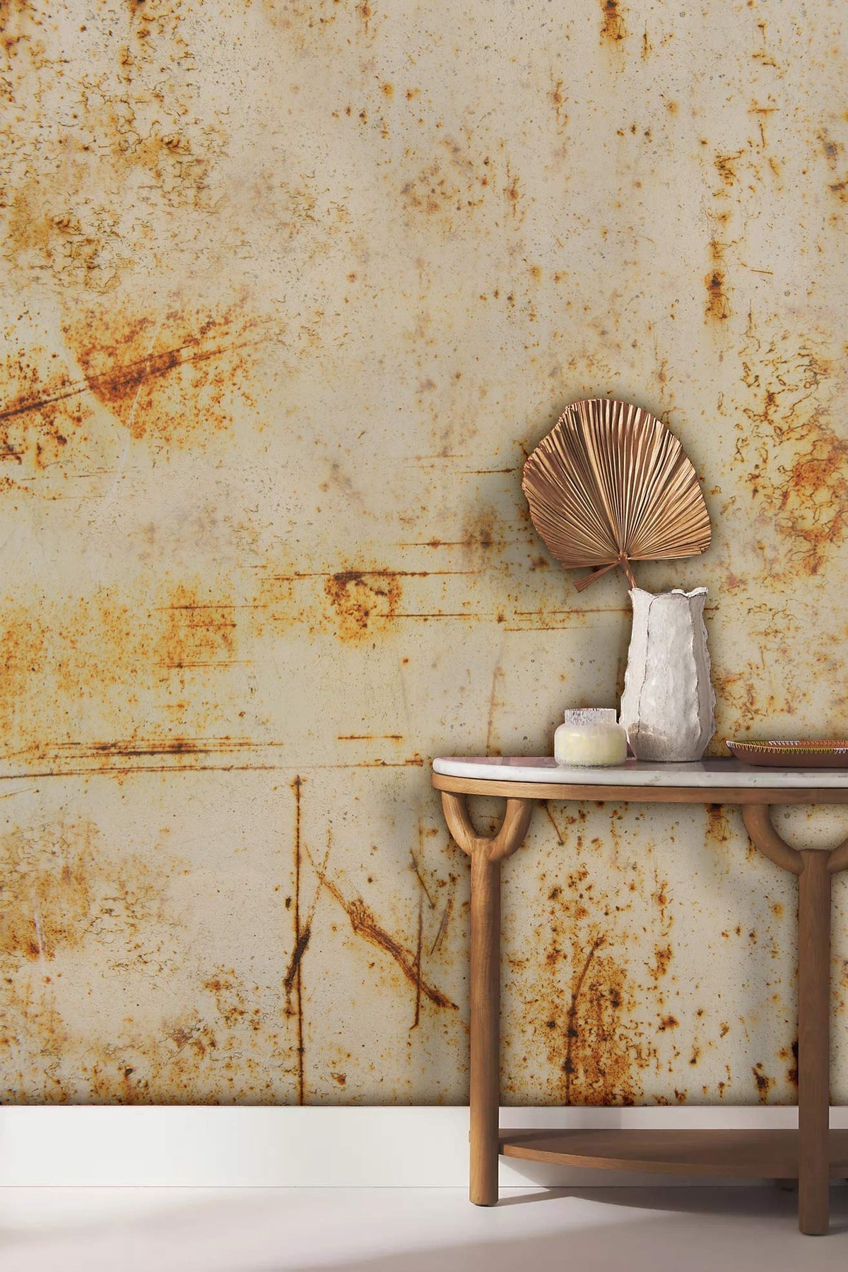 Vintage Rust Texture Wallpaper in earthy tones with a decorative console table and rustic decor.