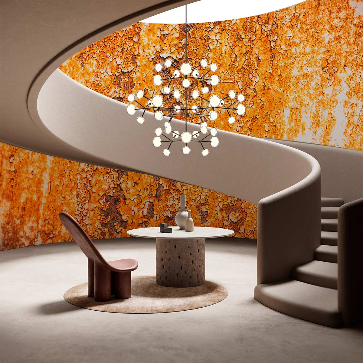 Vintage Rust Textured Wall Mural with modern decor, spiral staircase, round table, and modern chair.
