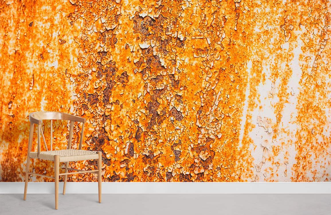 Alt text: Vintage rust-textured wall mural in warm tones, wooden chair, grey flooring, contemporary style room.