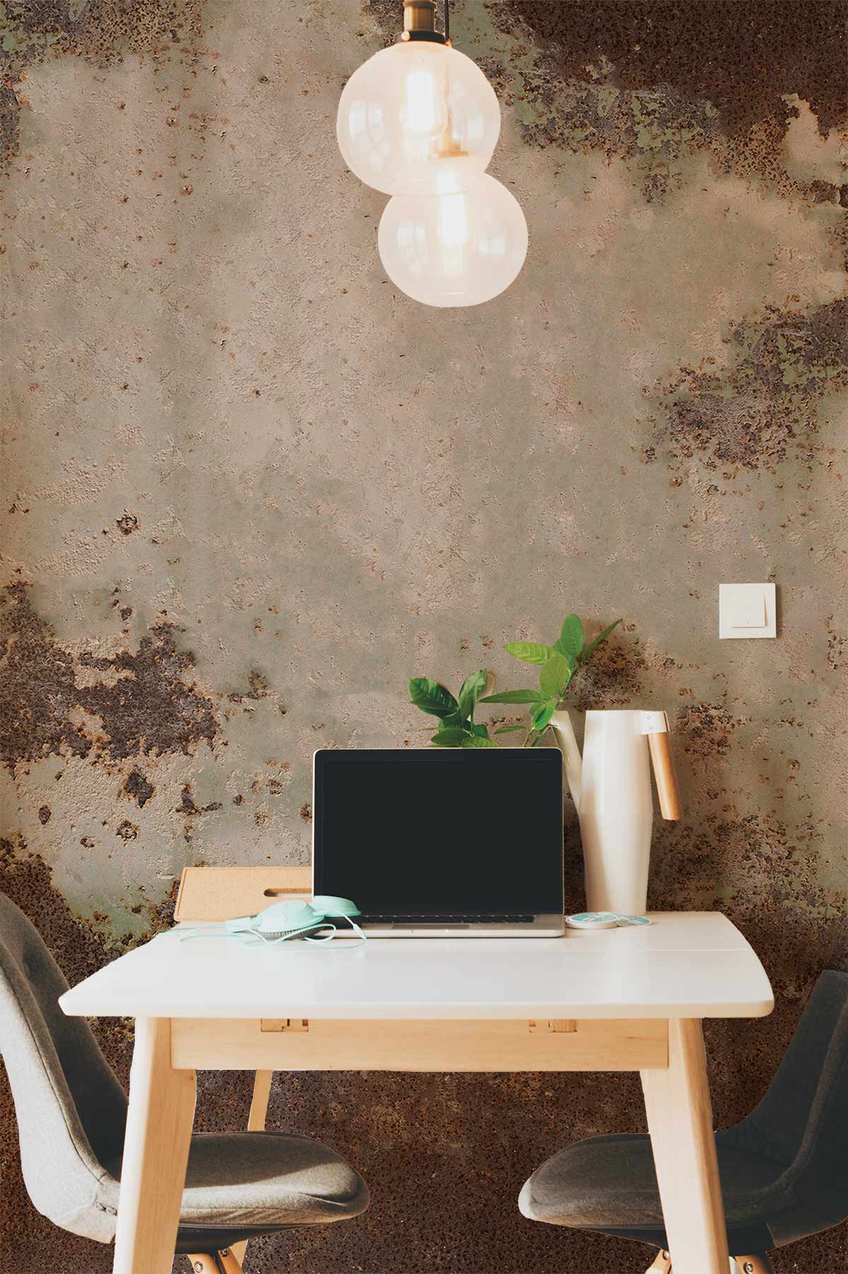 Vintage rustic wall mural with earthy tones, light wooden table, grey chairs, modern pendant lighting.