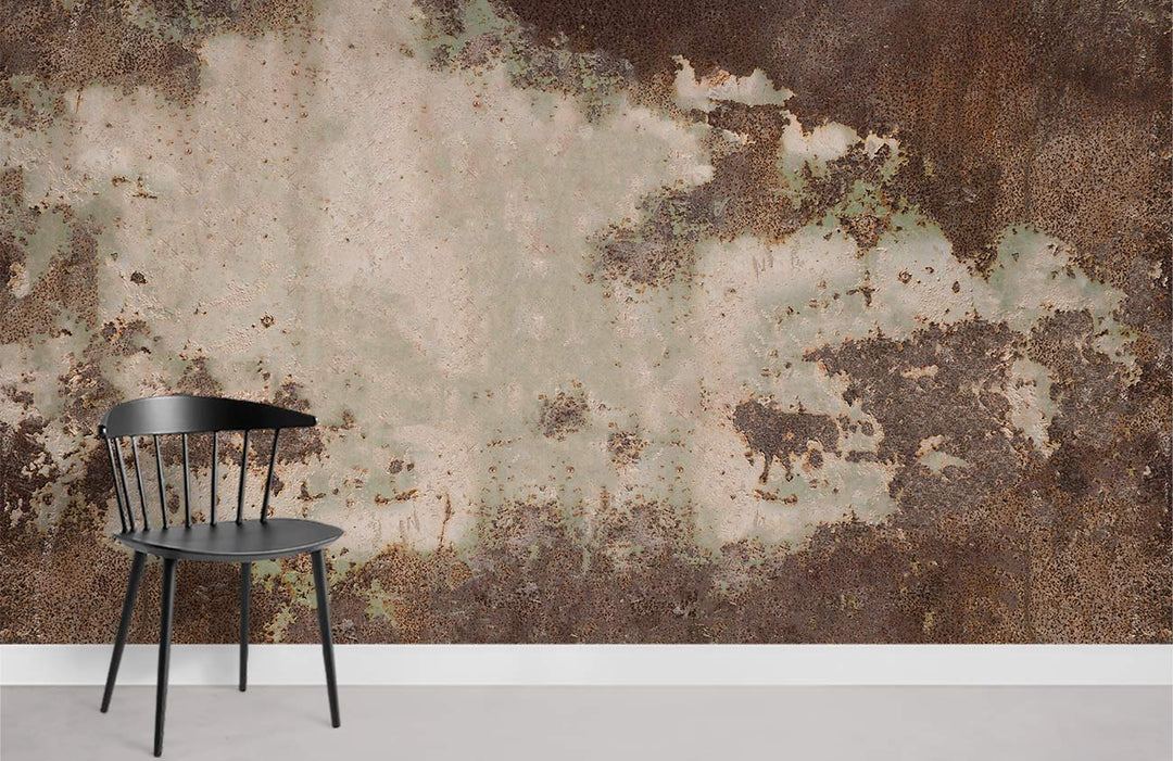 Vintage rustic wall mural in earthy brown tones, black chair, white skirting, concrete floor.