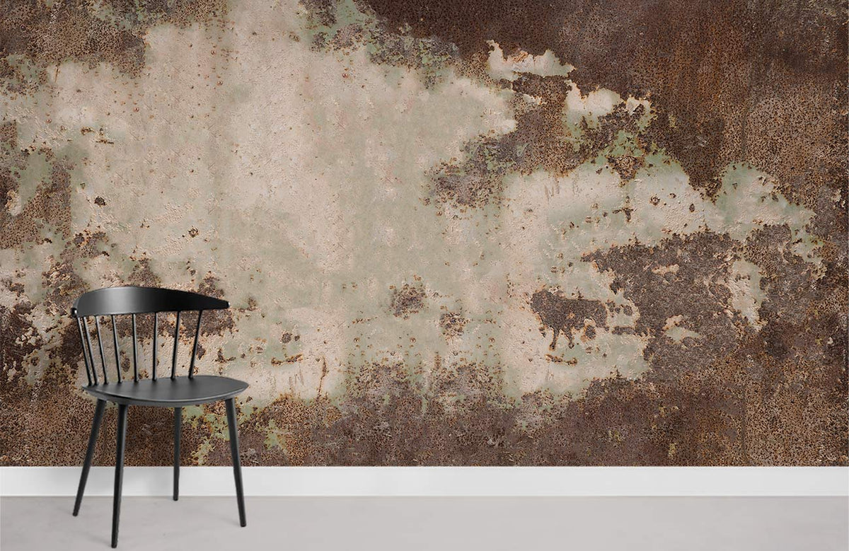 Vintage rustic wall mural in earthy brown tones, black chair, white skirting, concrete floor.