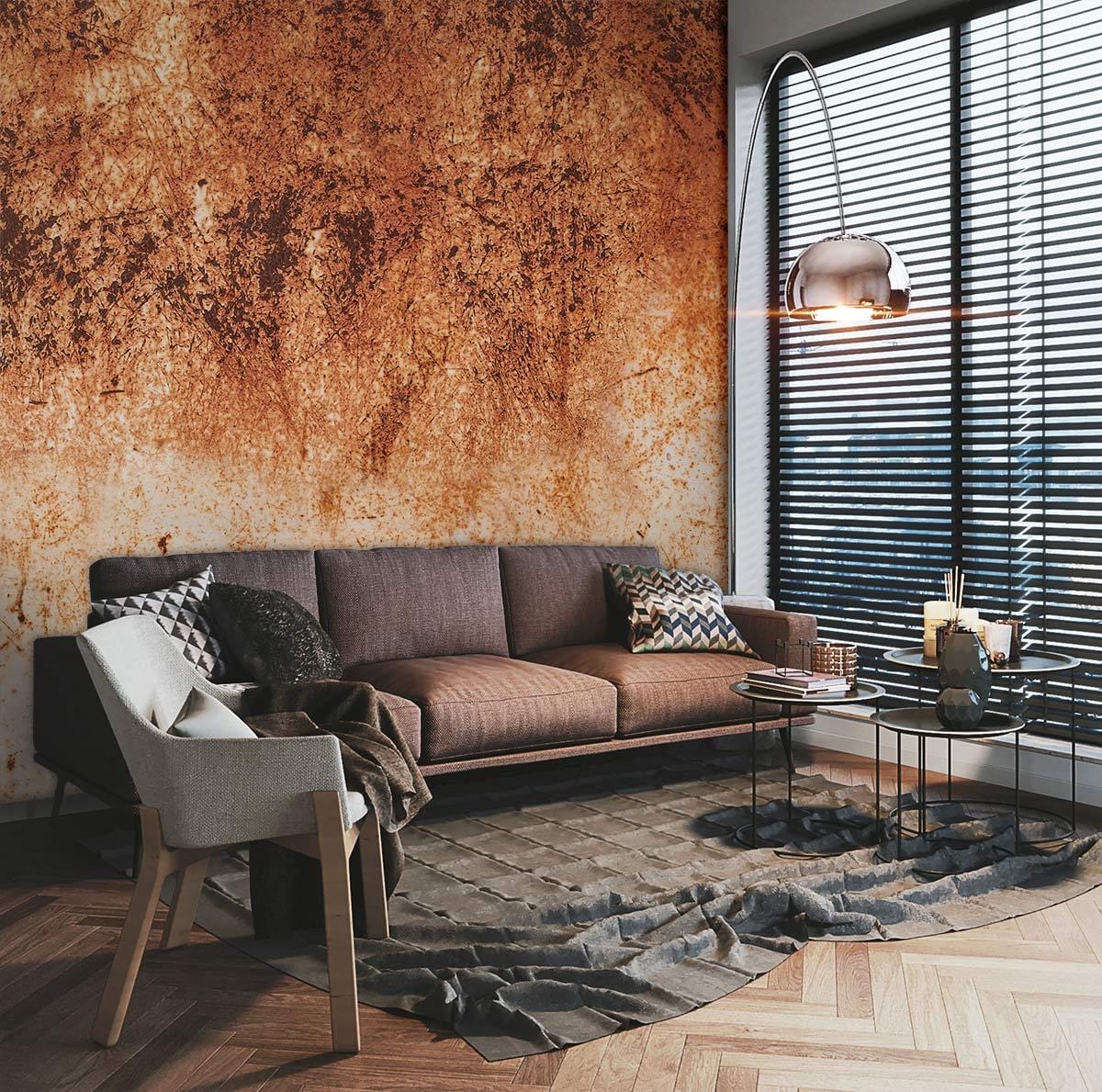 Rustic Industrial Textured Mural Wallpaper in living room with brown sofa, modern lighting, wood flooring.