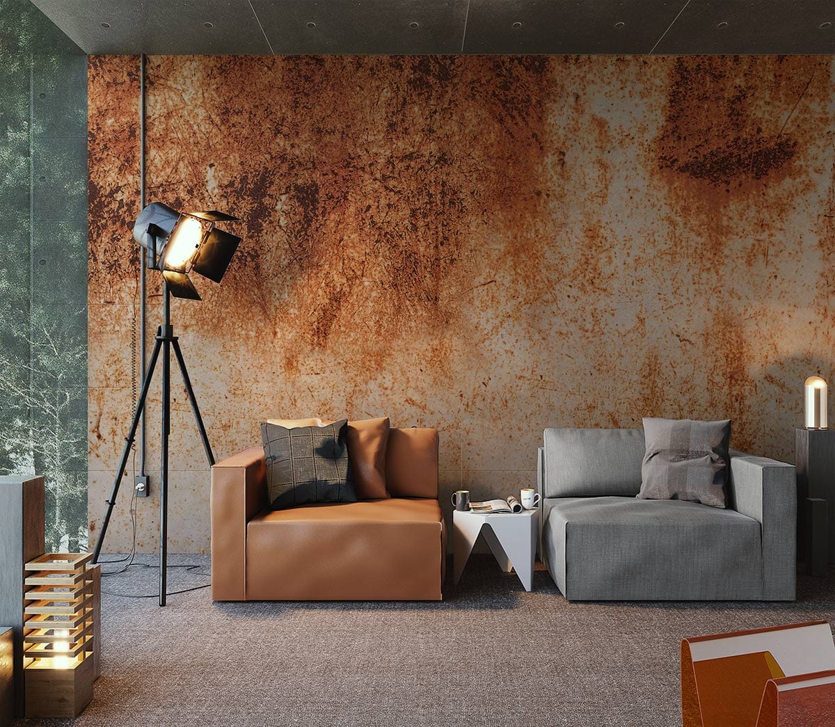Rustic industrial textured mural wallpaper, earthy tones, brown leather sofa, grey sofa, tripod lamp, grey carpet.