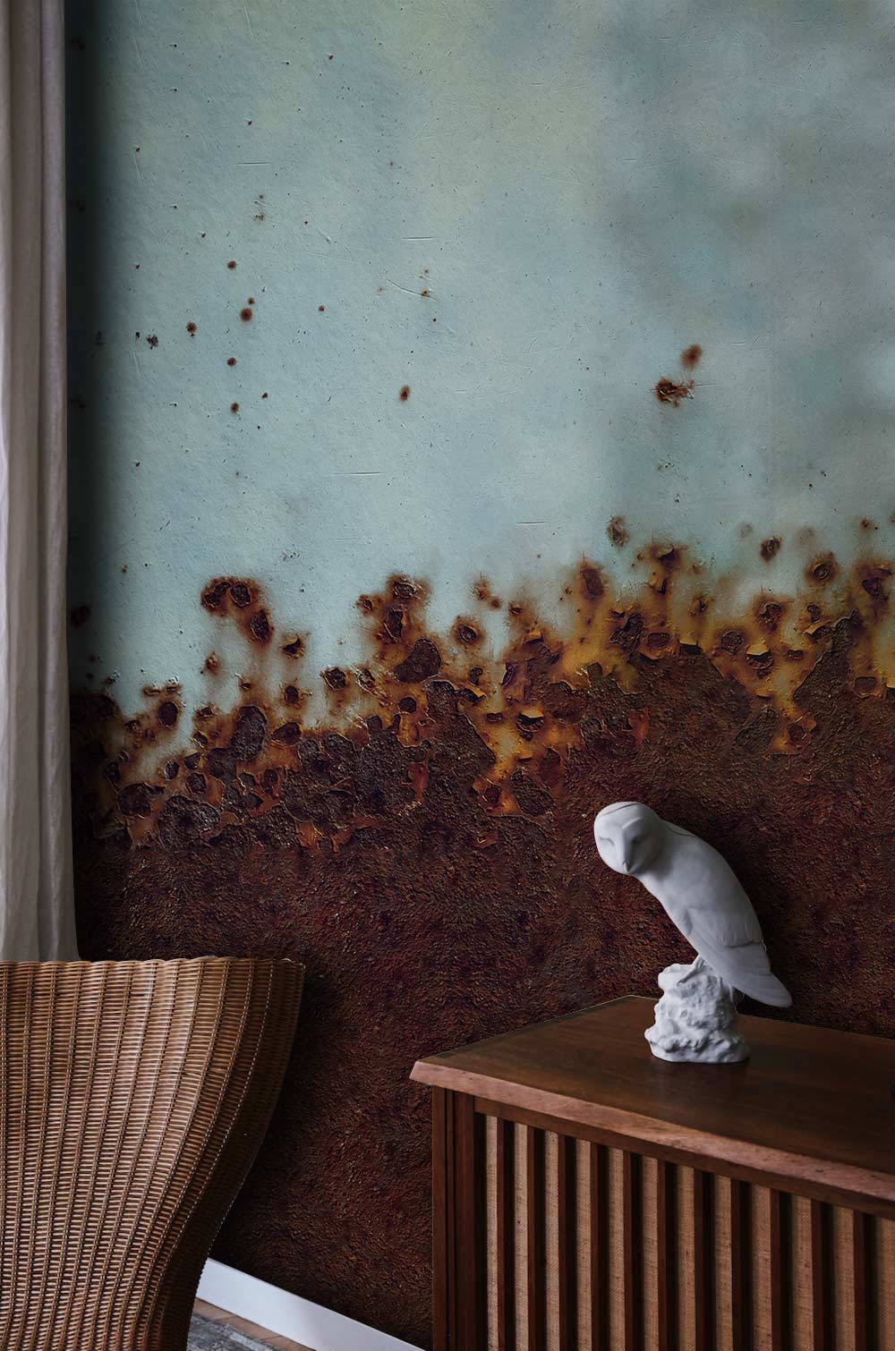 Rustic industrial brown and blue mural wallpaper with wicker chair, wooden cabinet, and white sculpture.