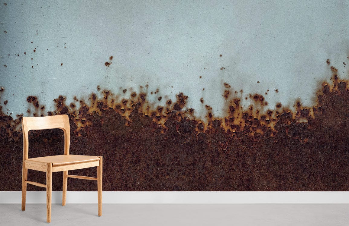 Rustic Industrial Aesthetic wallpaper with wooden chair, grey flooring in modern minimalist room setting.