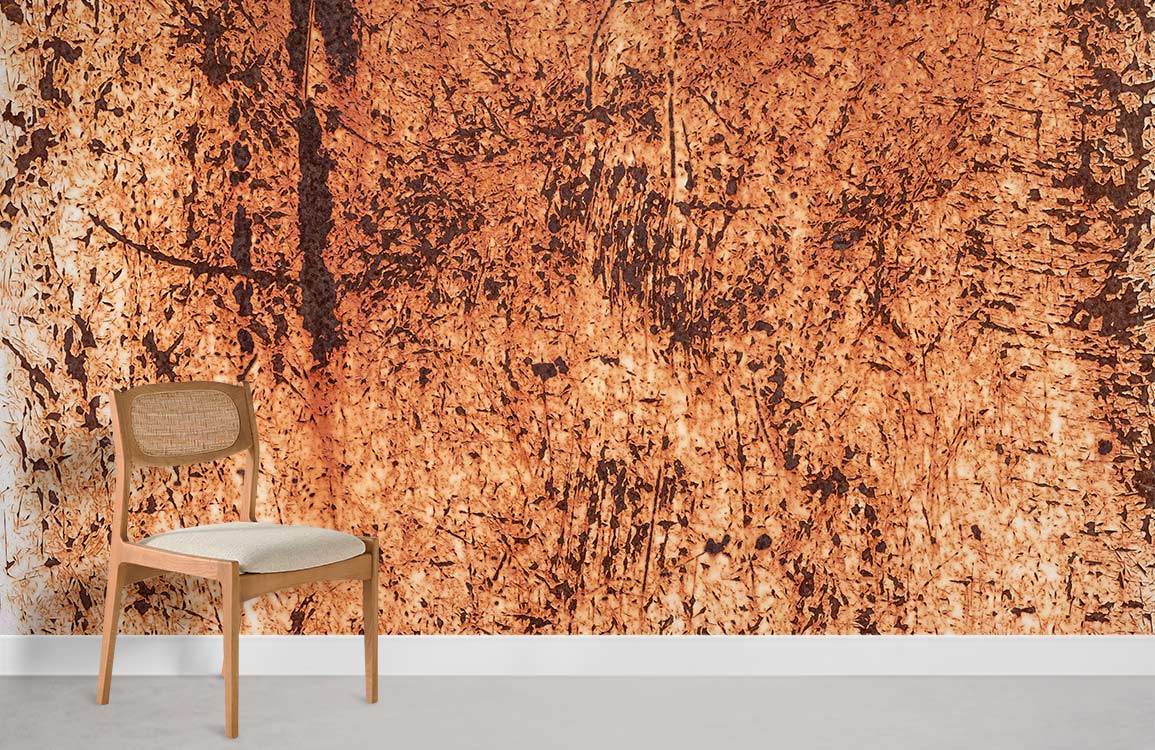 Rustic copper textured abstract mural wallpaper, nature-inspired earthy design with simple wooden chair.