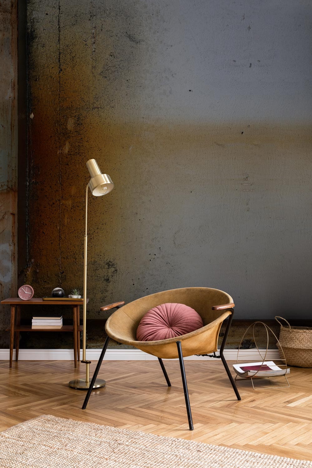 Rustic Industrial Wall Mural with earthy tones, light wood chair, parquet flooring in stylish room.