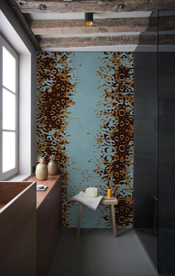 Rustic teal-brown ornate wallpaper in modern bathroom with wooden elements, exposed beams, and glass shower.