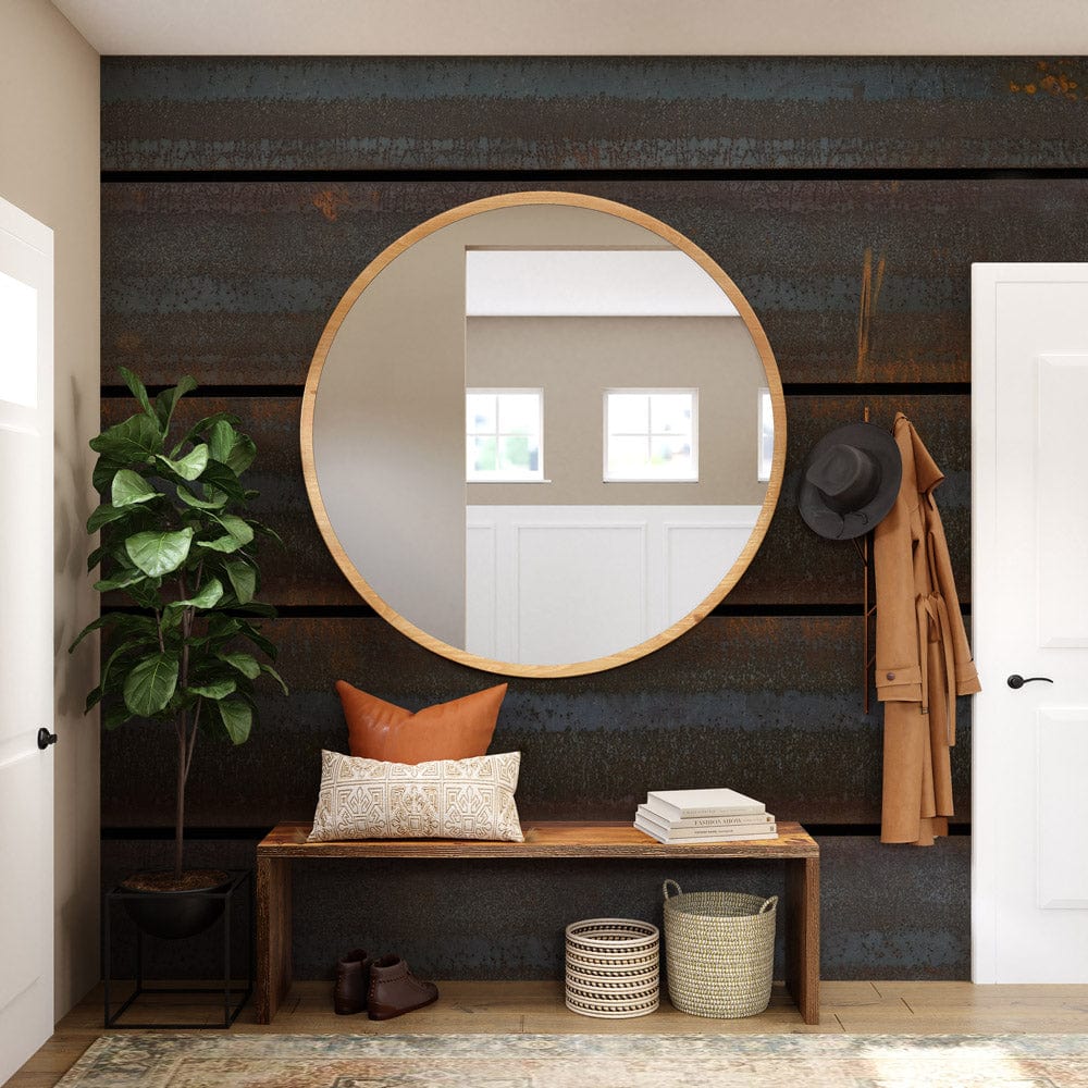 Rustic Industrial Wallpaper with blue, brown tones; round mirror, beige sofa, hallway decor.