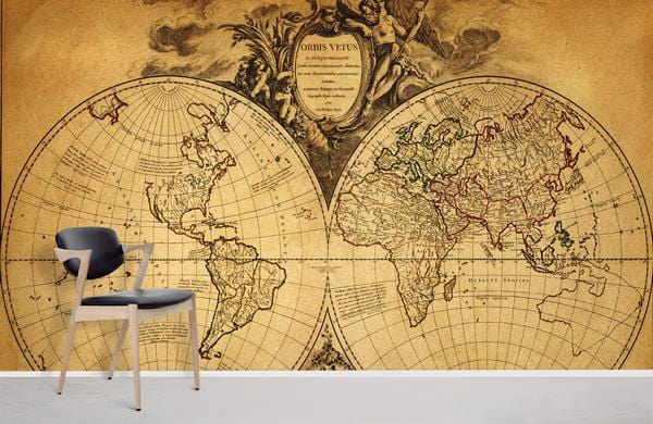 Modern room featuring vintage world map mural wallpaper; black chair, grey flooring, sepia design.
