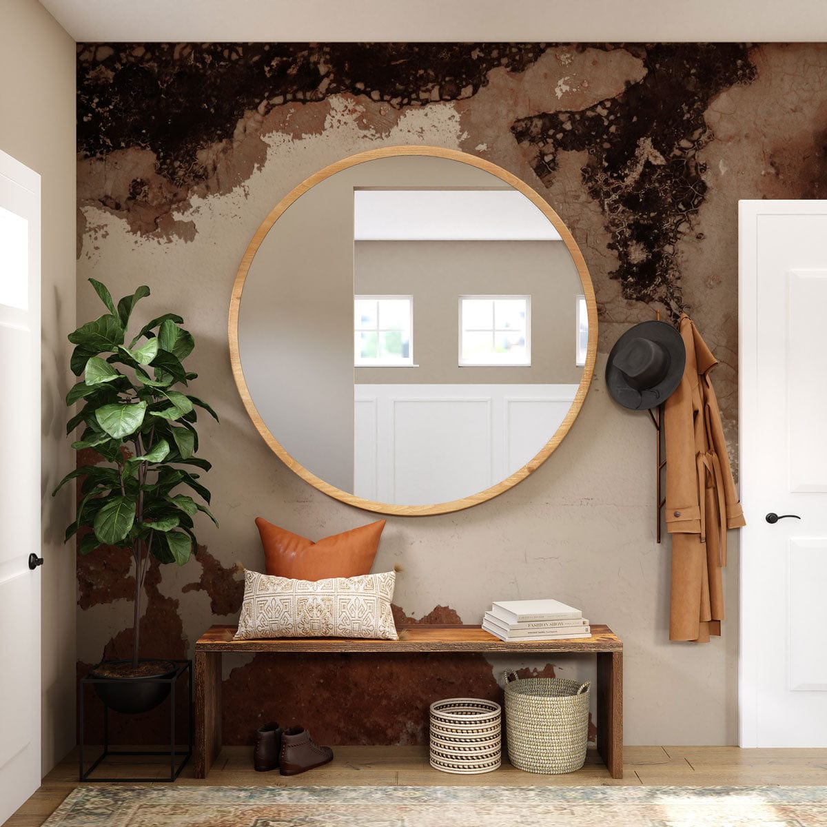 Rustic earthy tones abstract mural wallpaper in modern hallway with mirror, wooden bench, woven basket.