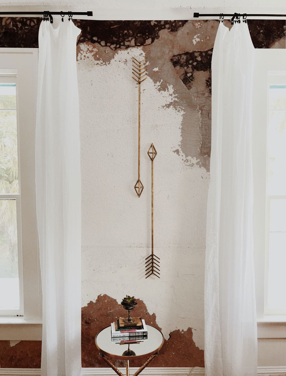 White curtains, Rustic Earthy Tones Abstract Mural Wallpaper, modern interior, neutral white walls, artistic decor.