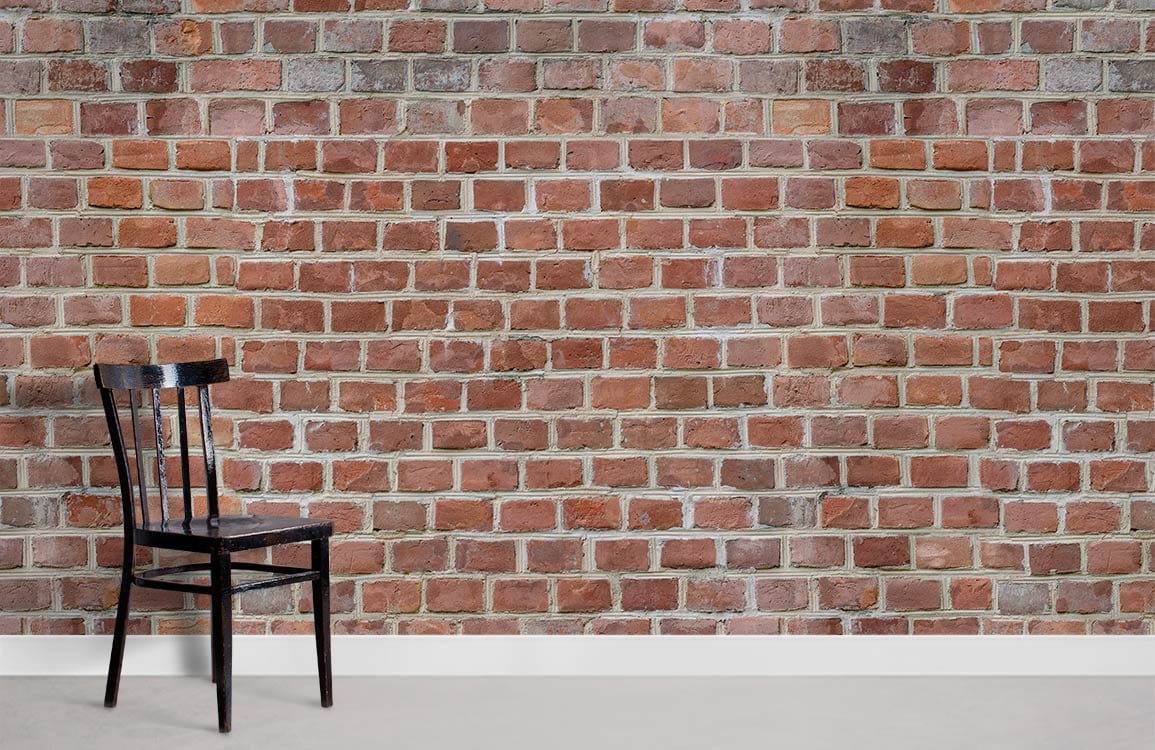 Rustic red brick pattern wallpaper, vintage industrial style with black chair, grey flooring in room.