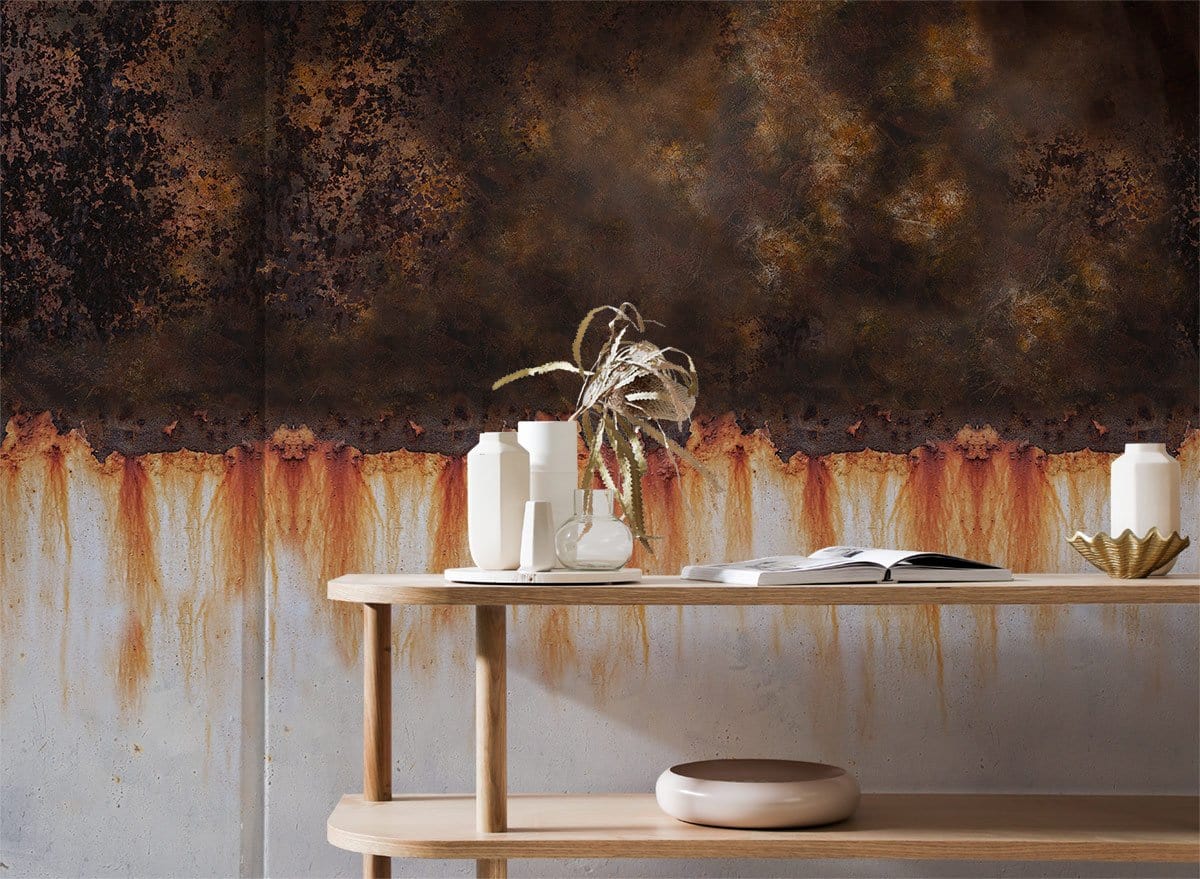 Vintage rustic wallpaper with industrial rust texture, earthy tones, wooden table, modern minimalist decor.