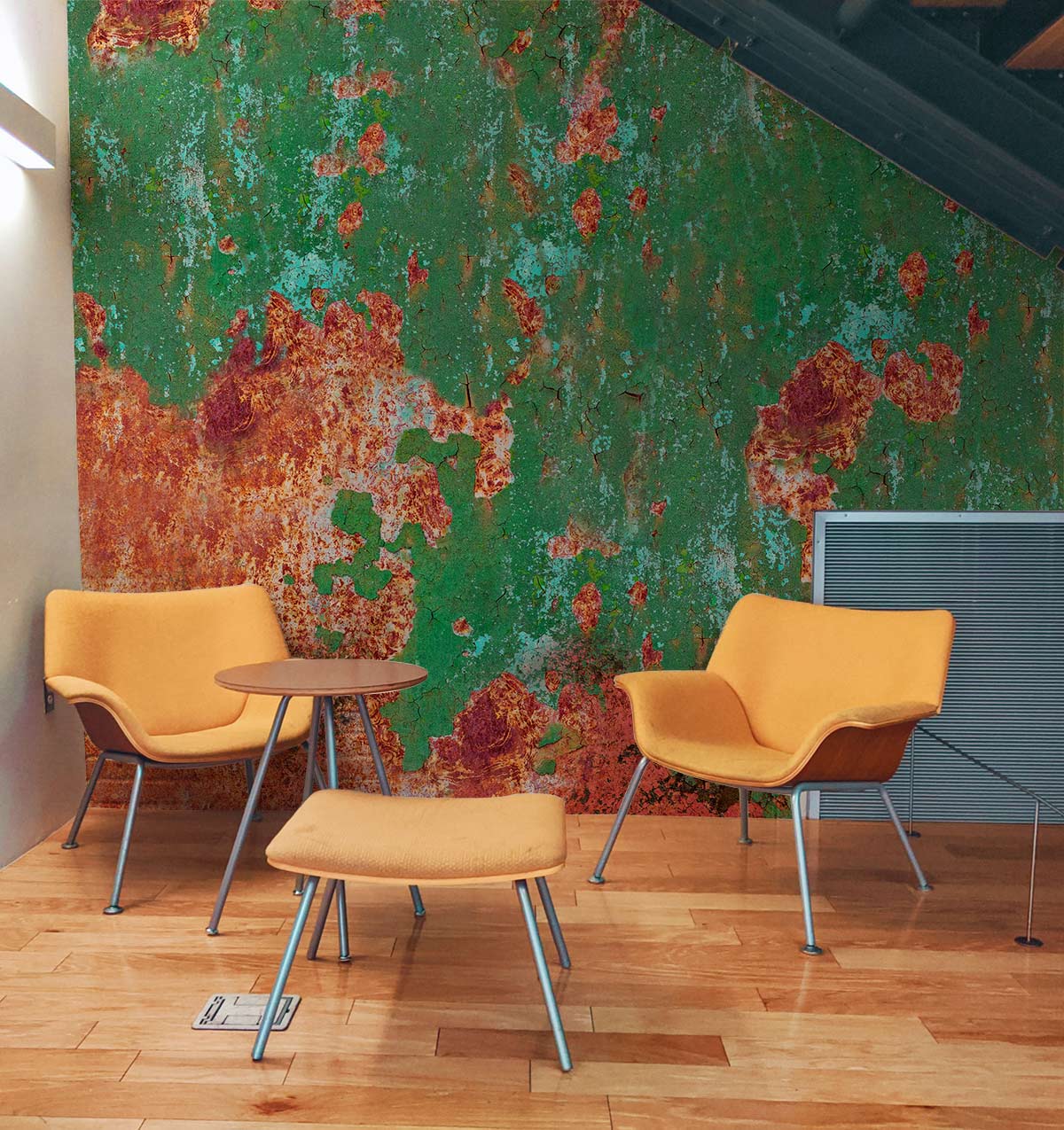 Vintage Rustic Green and Red Wallpaper, wooden flooring, modern armchairs, industrial-style loft setting.